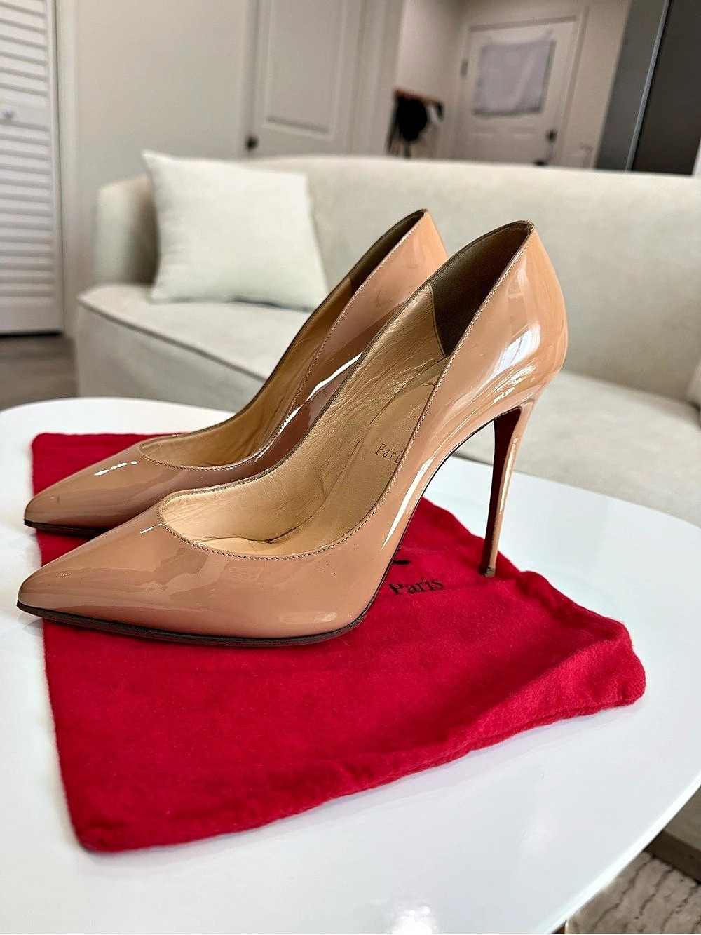 AUTHENTIC* Christian Louboutin Kate 100 Blush/Nude Patent Leather Pumps – EU 38